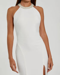 Halterneck beaded detail elegant gown - White