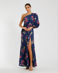 Mac Duggal, Plum Floral Print One Sleeve Gown Plum Floral #2634 Navy