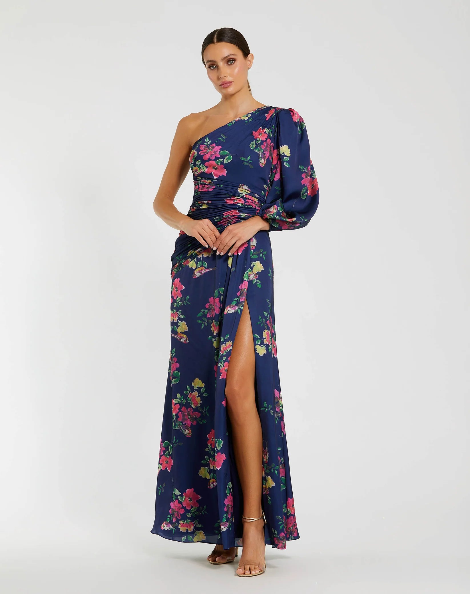 Mac Duggal, Plum Floral Print One Sleeve Gown Plum Floral #2634 Navy