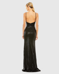 Metallic faux wrap spaghetti strap gown - Black