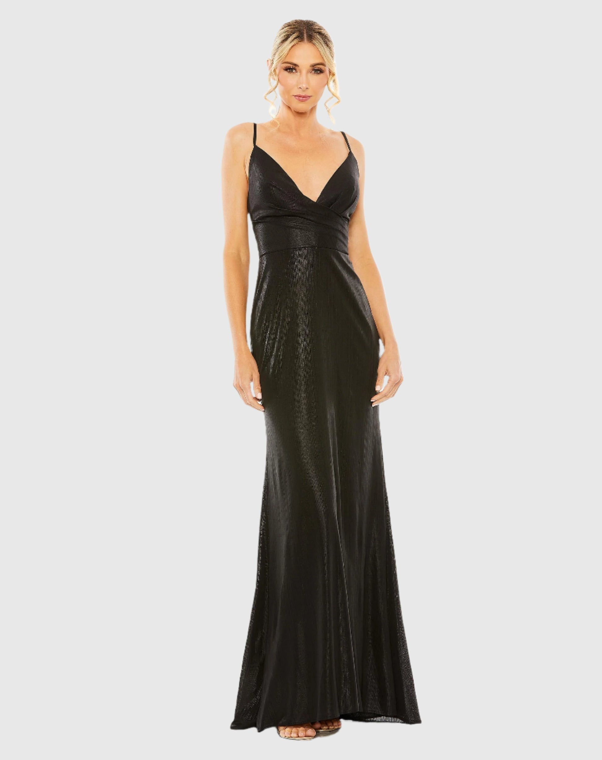 Mac Duggal Black Metallic Faux Wrap Spaghetti Strap Gown #26408 Black