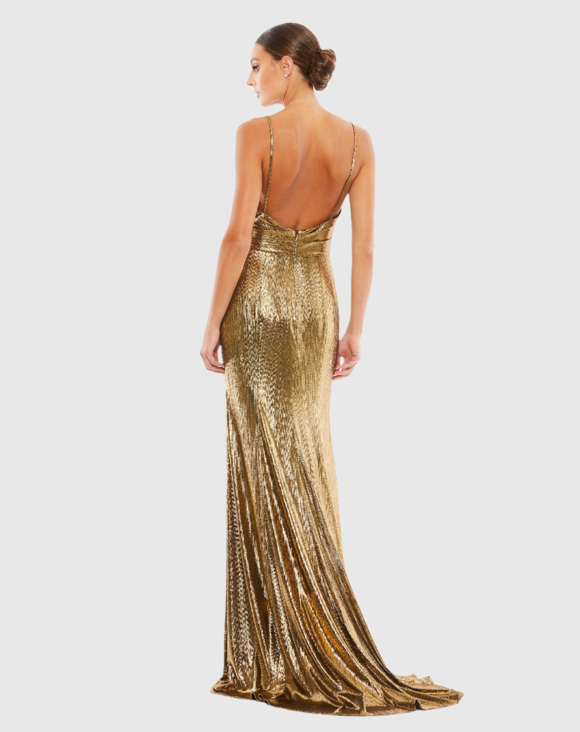 Metallic faux wrap spaghetti strap gown - Bronze