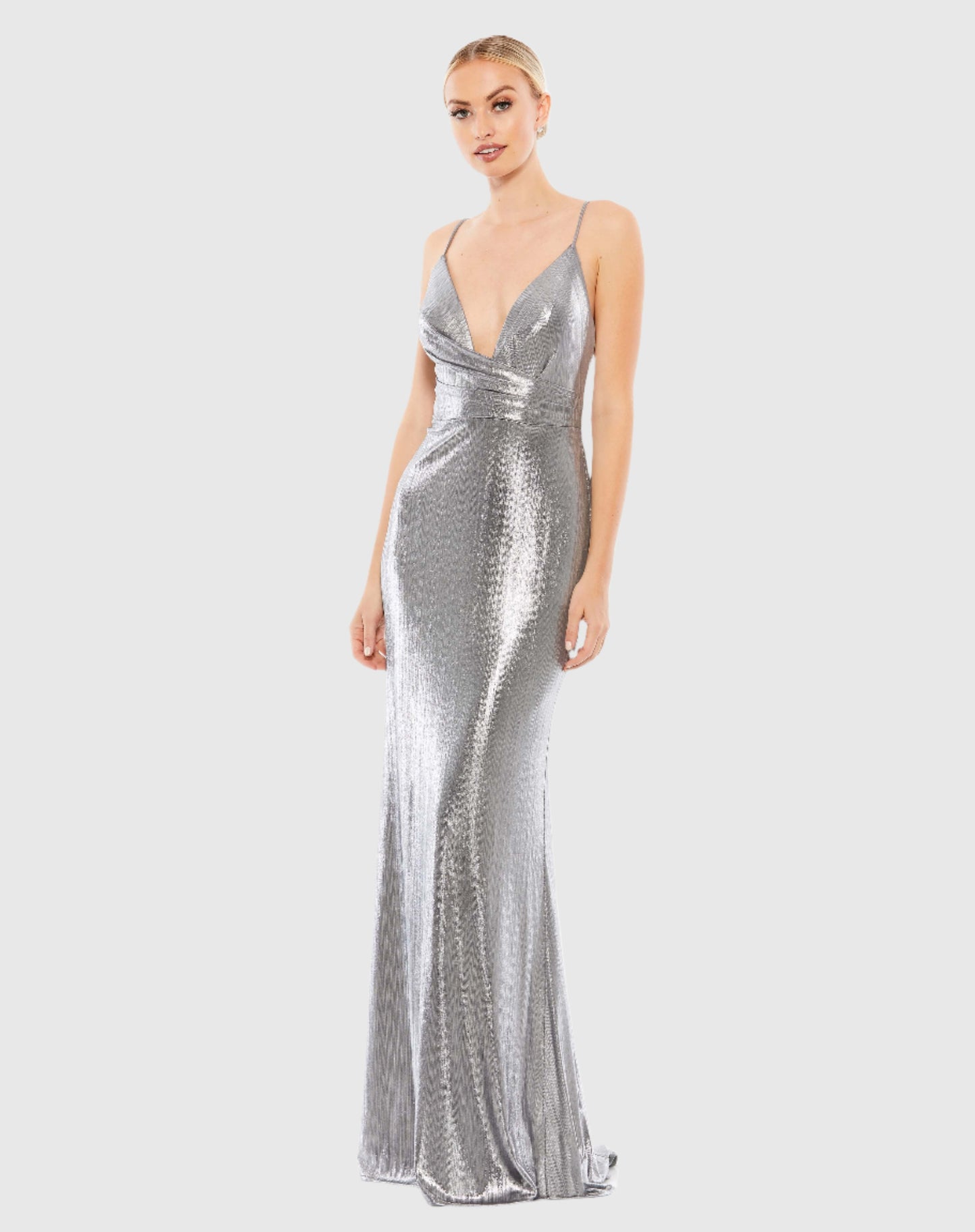 Metallic faux wrap spaghetti strap gown - Silver