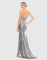 Metallic faux wrap spaghetti strap gown - Silver