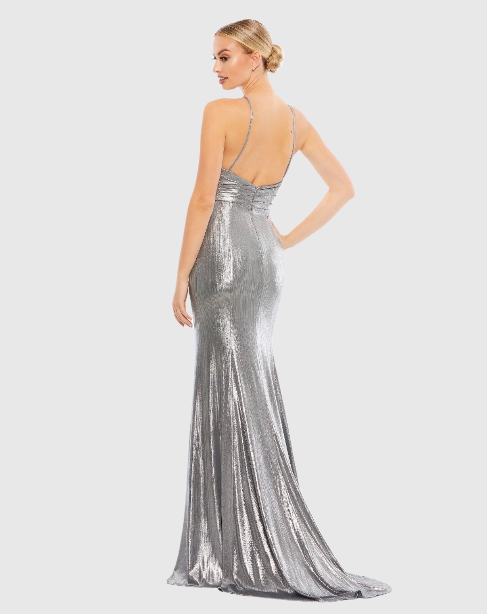 Metallic faux wrap spaghetti strap gown - Silver