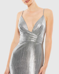 Metallic faux wrap spaghetti strap gown - Silver