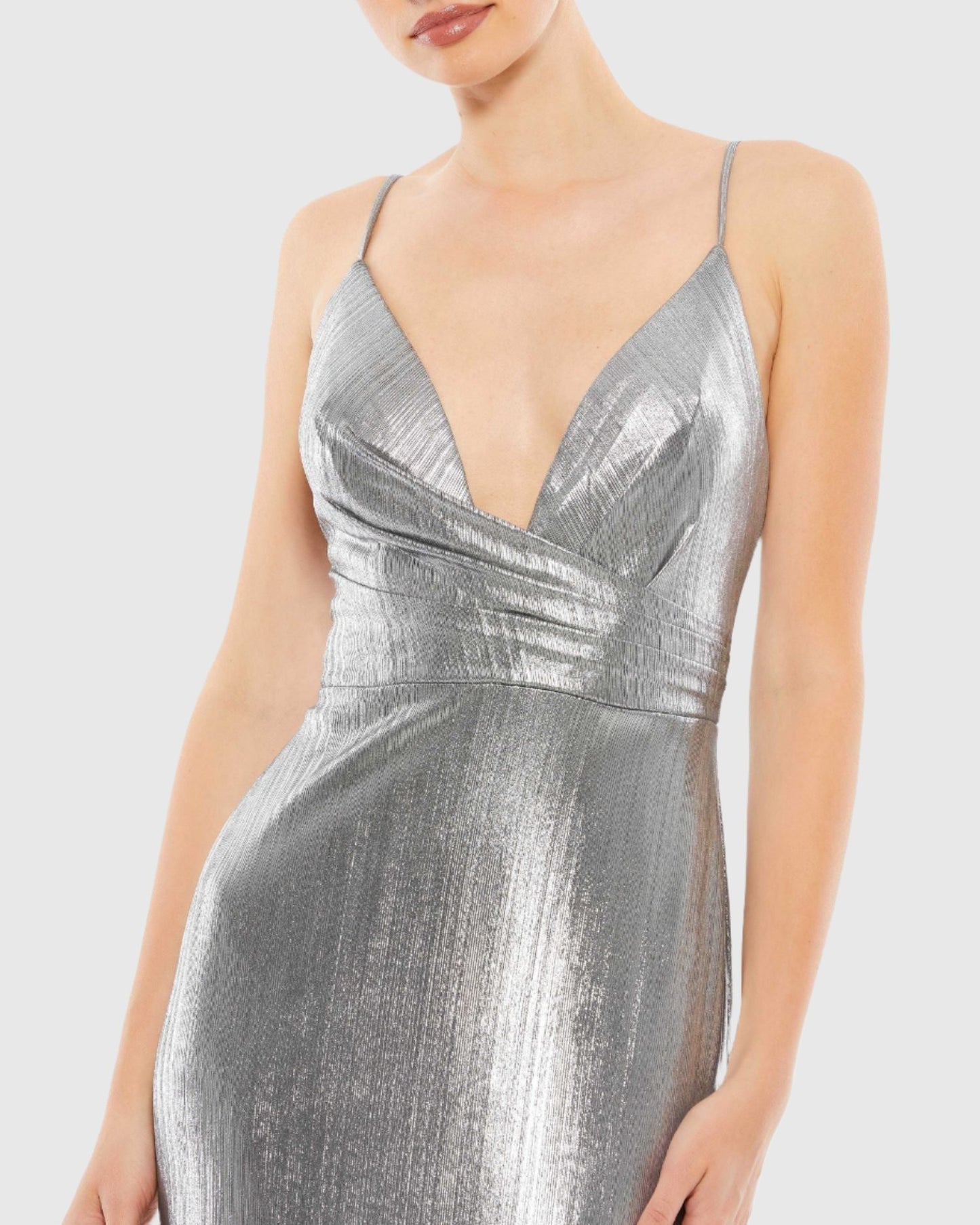 Metallic faux wrap spaghetti strap gown - Silver