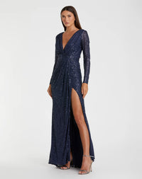 Mac Duggal Sequined Long Sleeve Gown #26490 Midnight Navy Blue