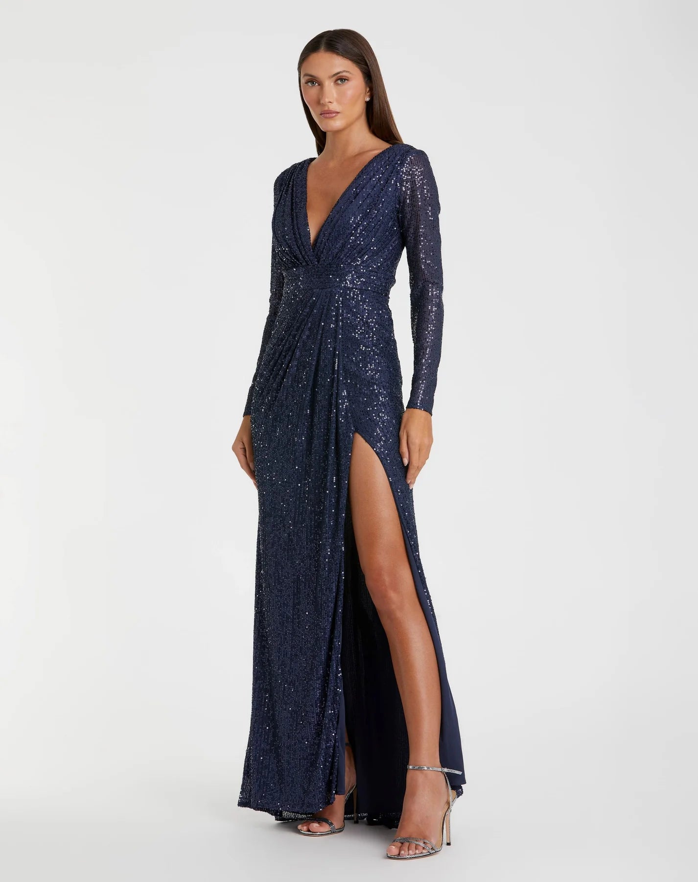 Mac Duggal Sequined Long Sleeve Gown #26490 Midnight Navy Blue