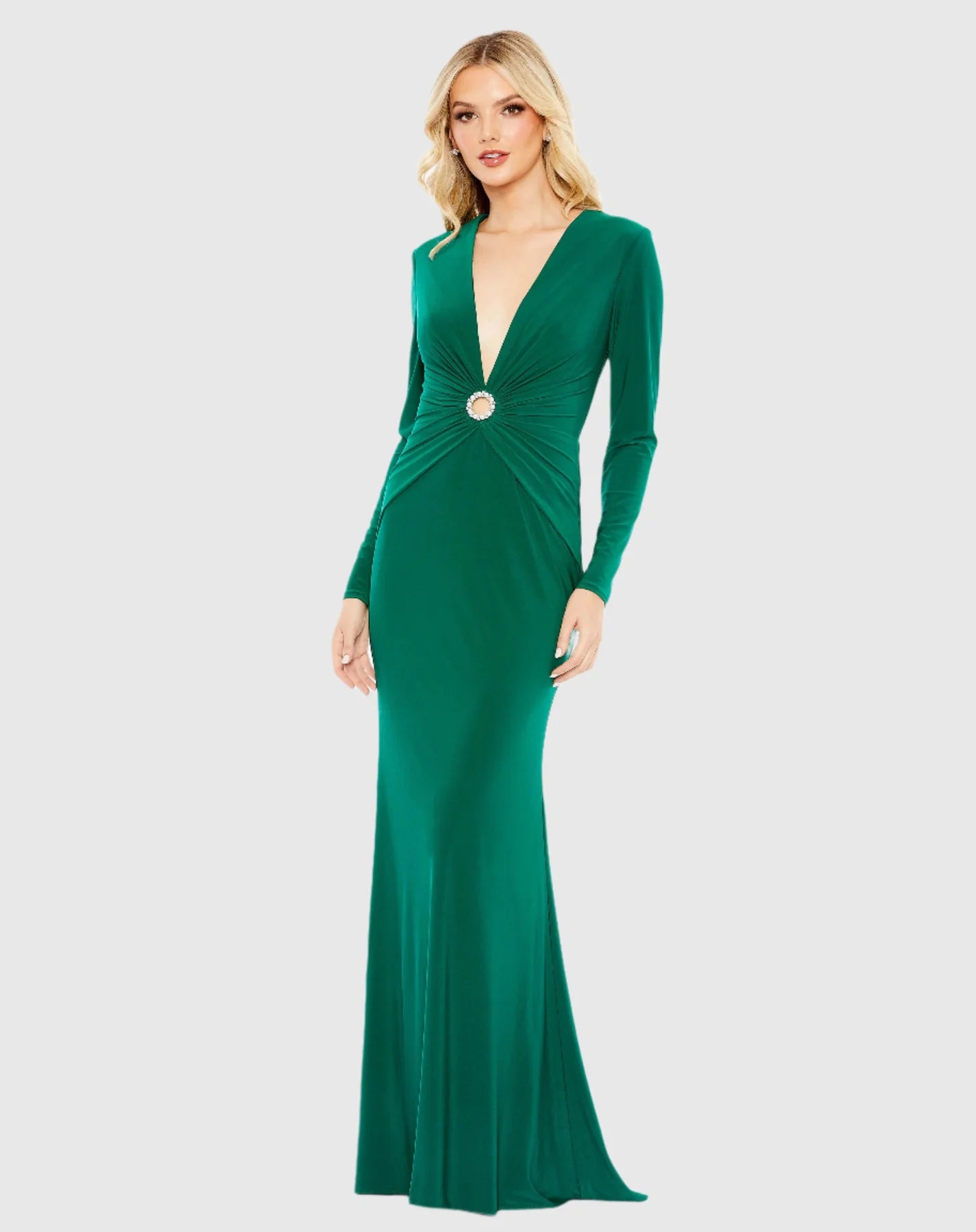 Mac Duggal, Gathered pearl long sleeve keyhole gown, Emerald #26514