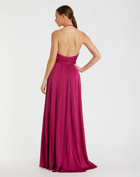 Pleated charmeuse halter gown with belted waist - Magenta