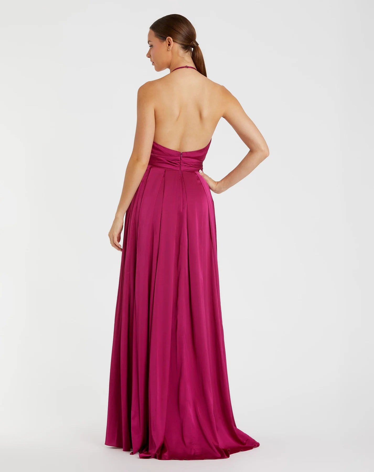 Pleated charmeuse halter gown with belted waist - Magenta
