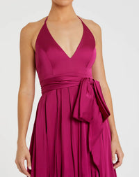 Pleated charmeuse halter gown with belted waist - Magenta