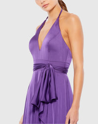 Pleated charmeuse halter gown with belted waist - Magenta