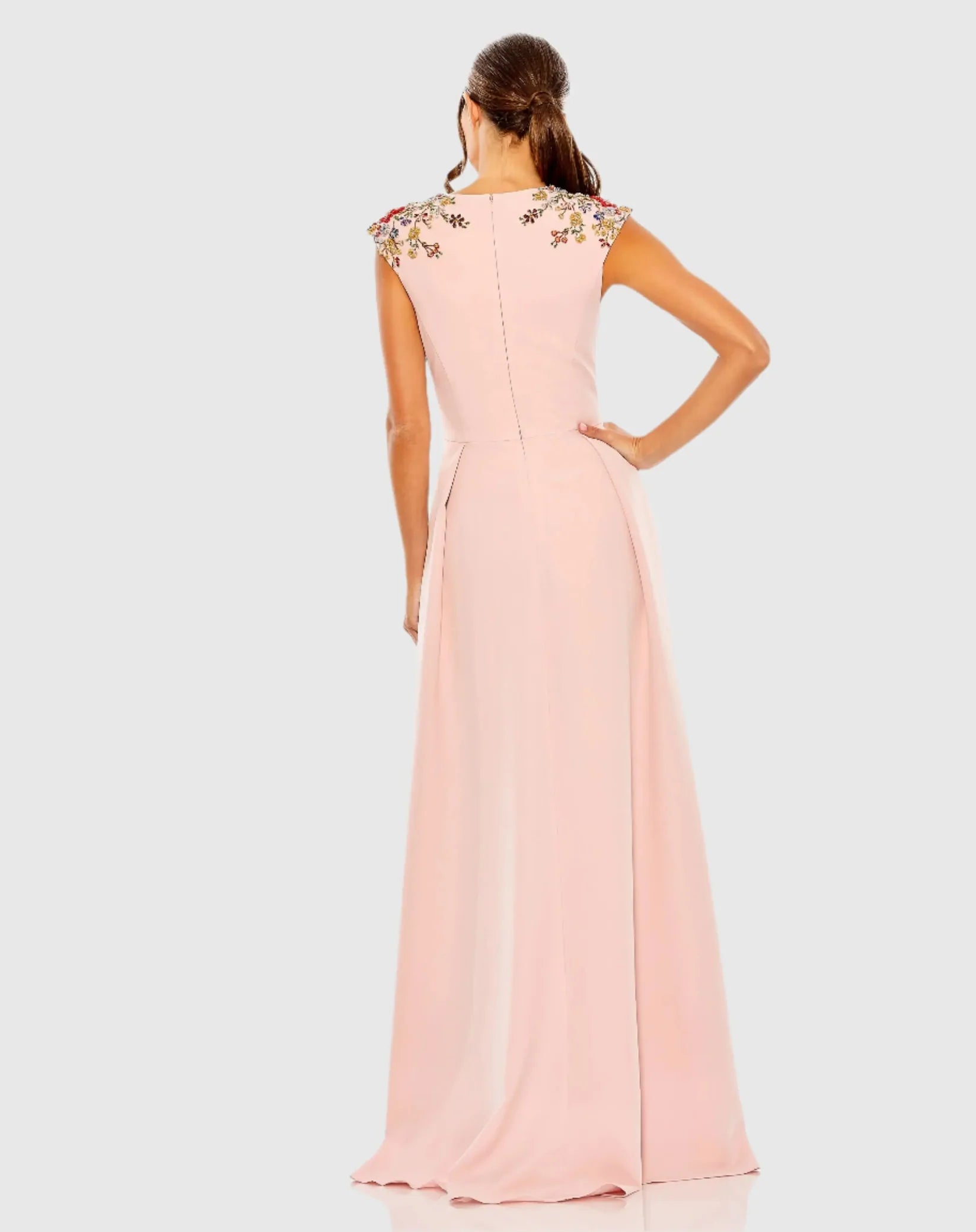 Beaded Cap Sleeve V Neck A Line Gown - Pink