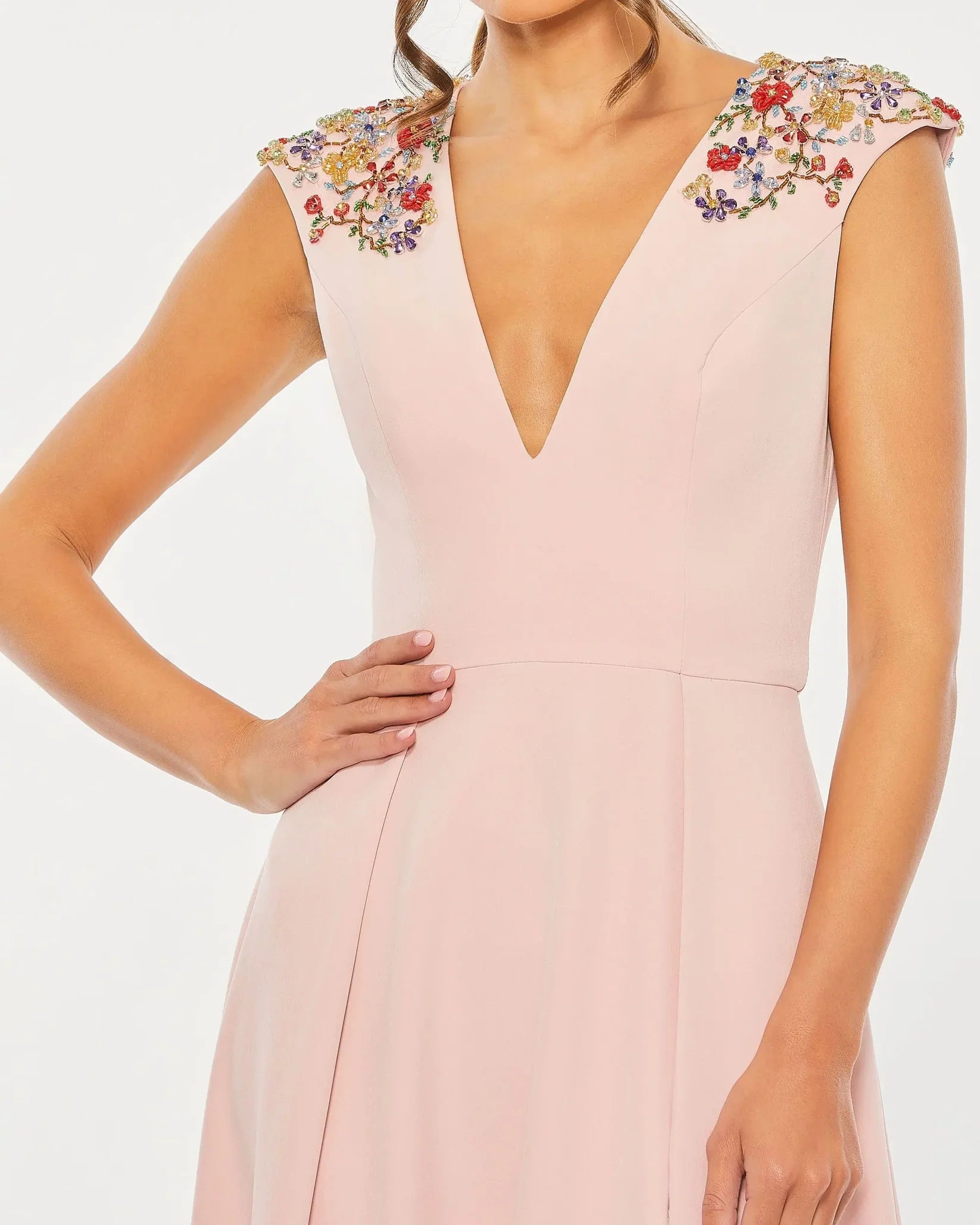 Beaded Cap Sleeve V Neck A Line Gown - Pink