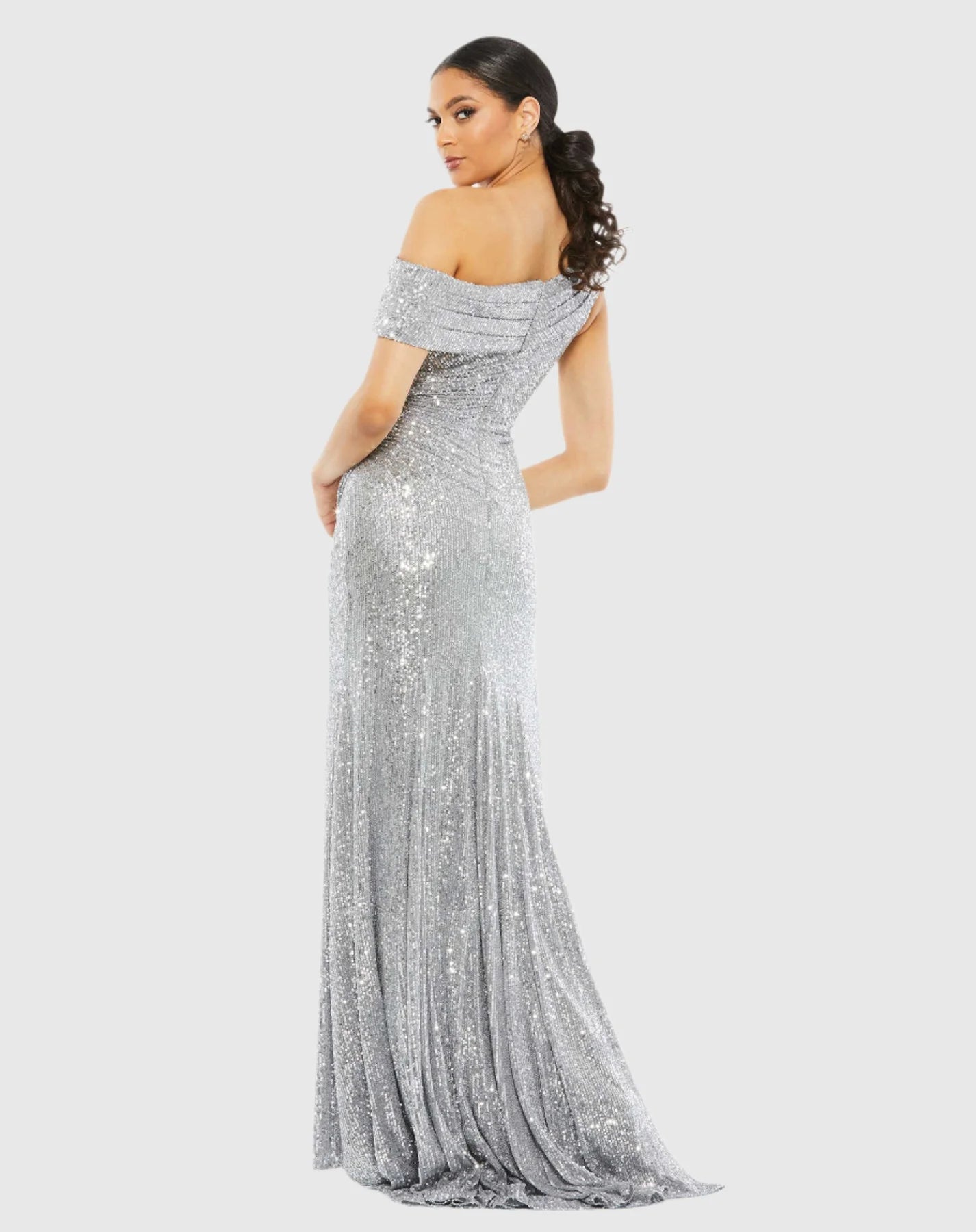 One shoulder ruched sequin gown - Platinum