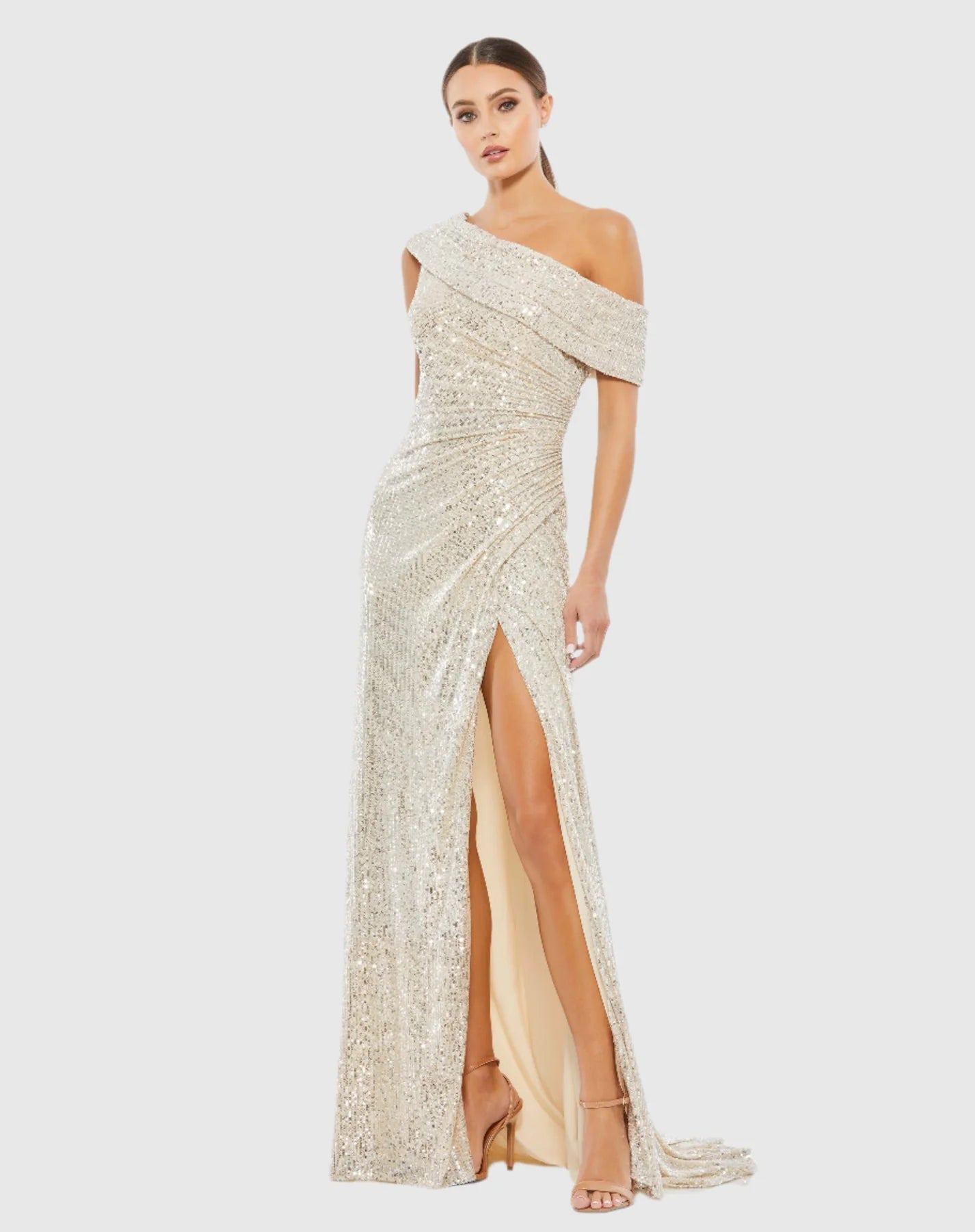 Mac Duggal, One Shoulder Floor Length Drop Shoulder Nude Sequin Gown #26550