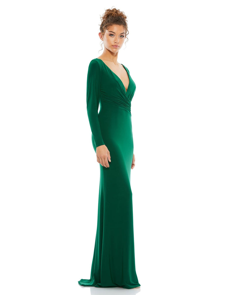Long sleeve ruched jersey V-neck gown - Emerald