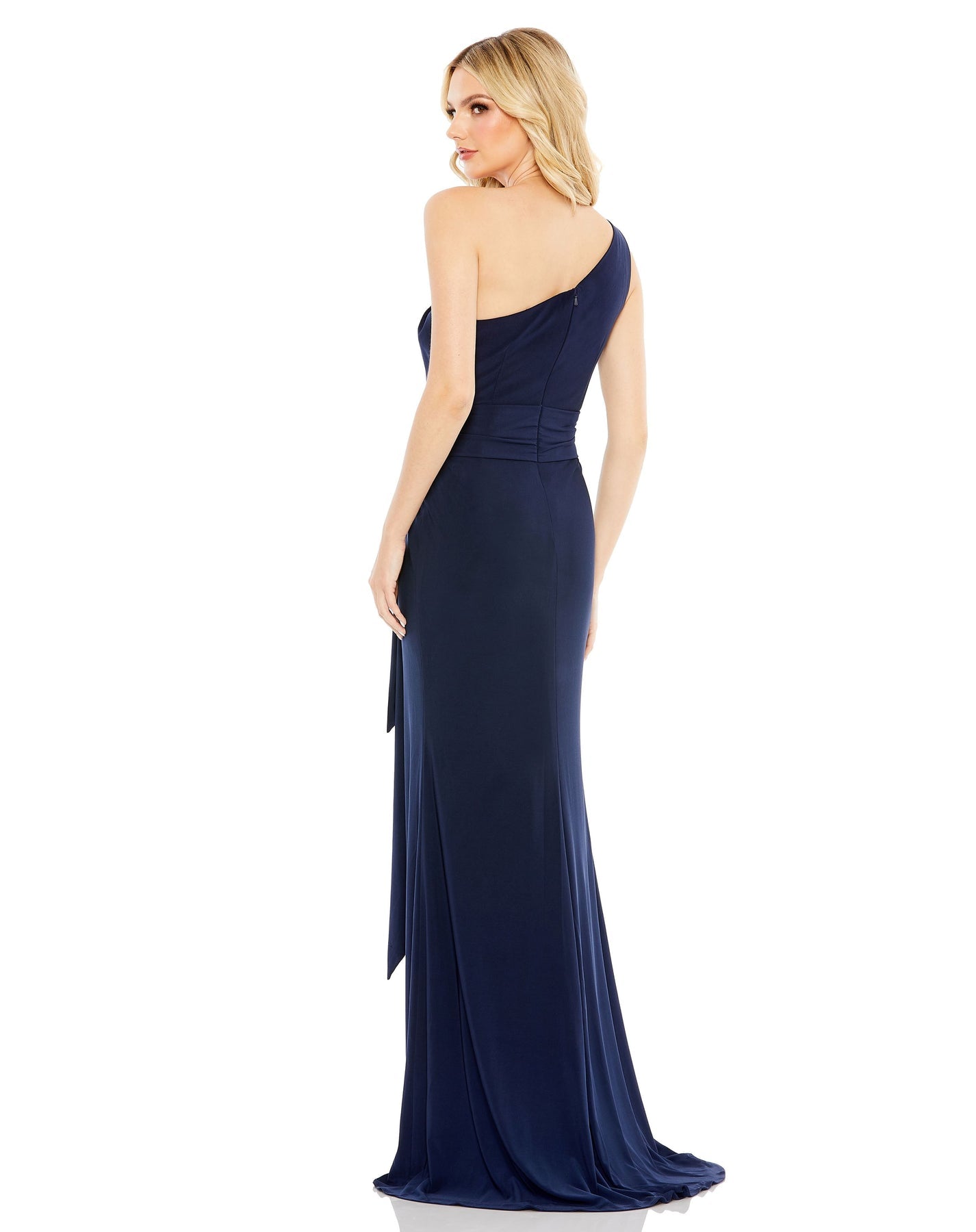 Mac Duggal Style #26581 Jersey one shoulder belted trumpet gown - navy