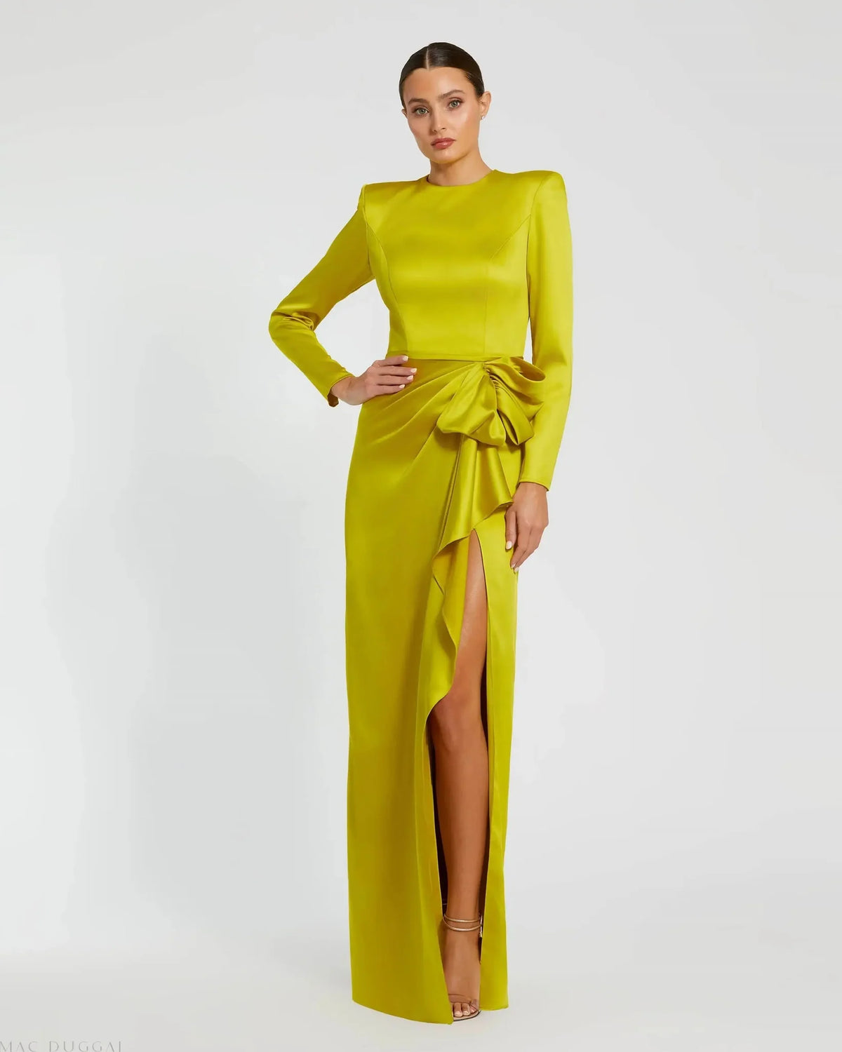 Mac Duggal Long Sleeve Satin Structured Bow Draped Column Gown Chartreuse #26676