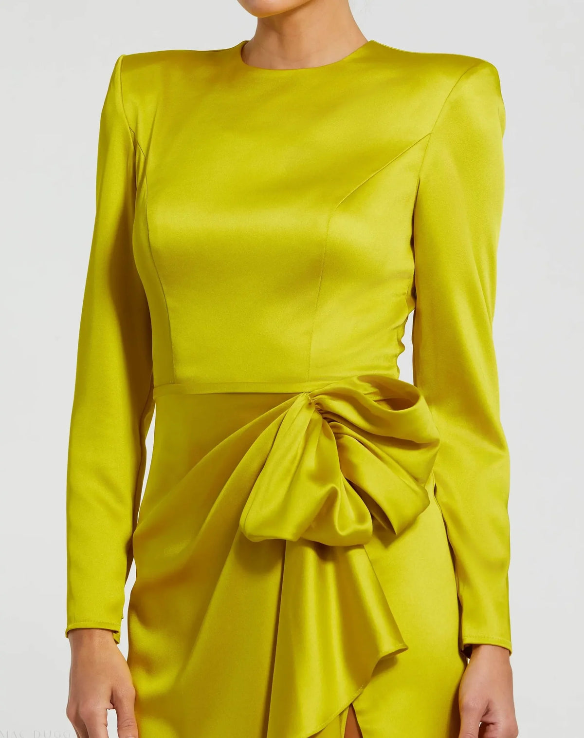 Long Sleeve Satin Structured Bow Draped Column Gown - Chartreuse
