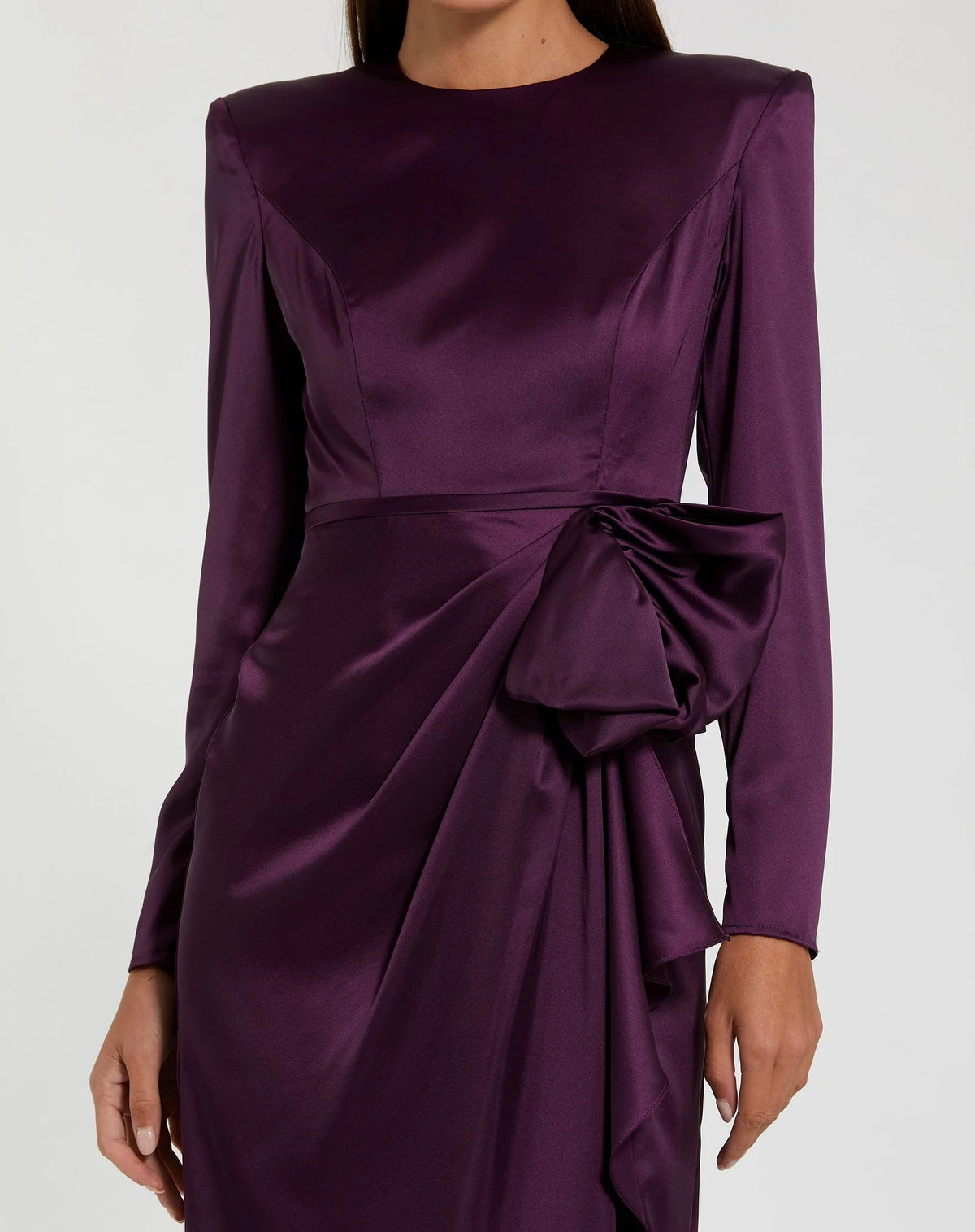 Long Sleeve Satin Structured Bow Draped Column Gown - Eggplant