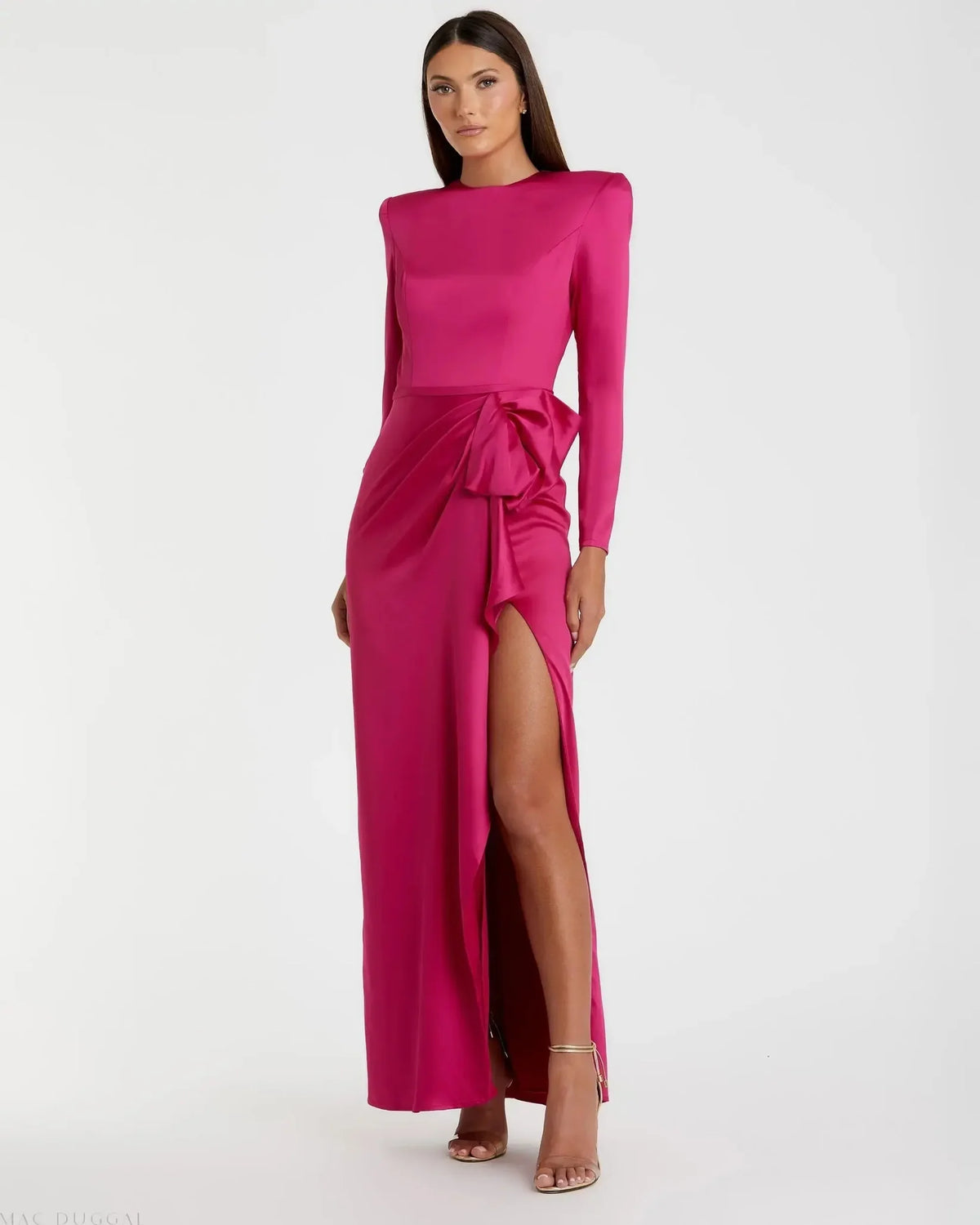 Mac Duggal Long Sleeve Satin Structured Bow Draped Column Gown Magenta #26676