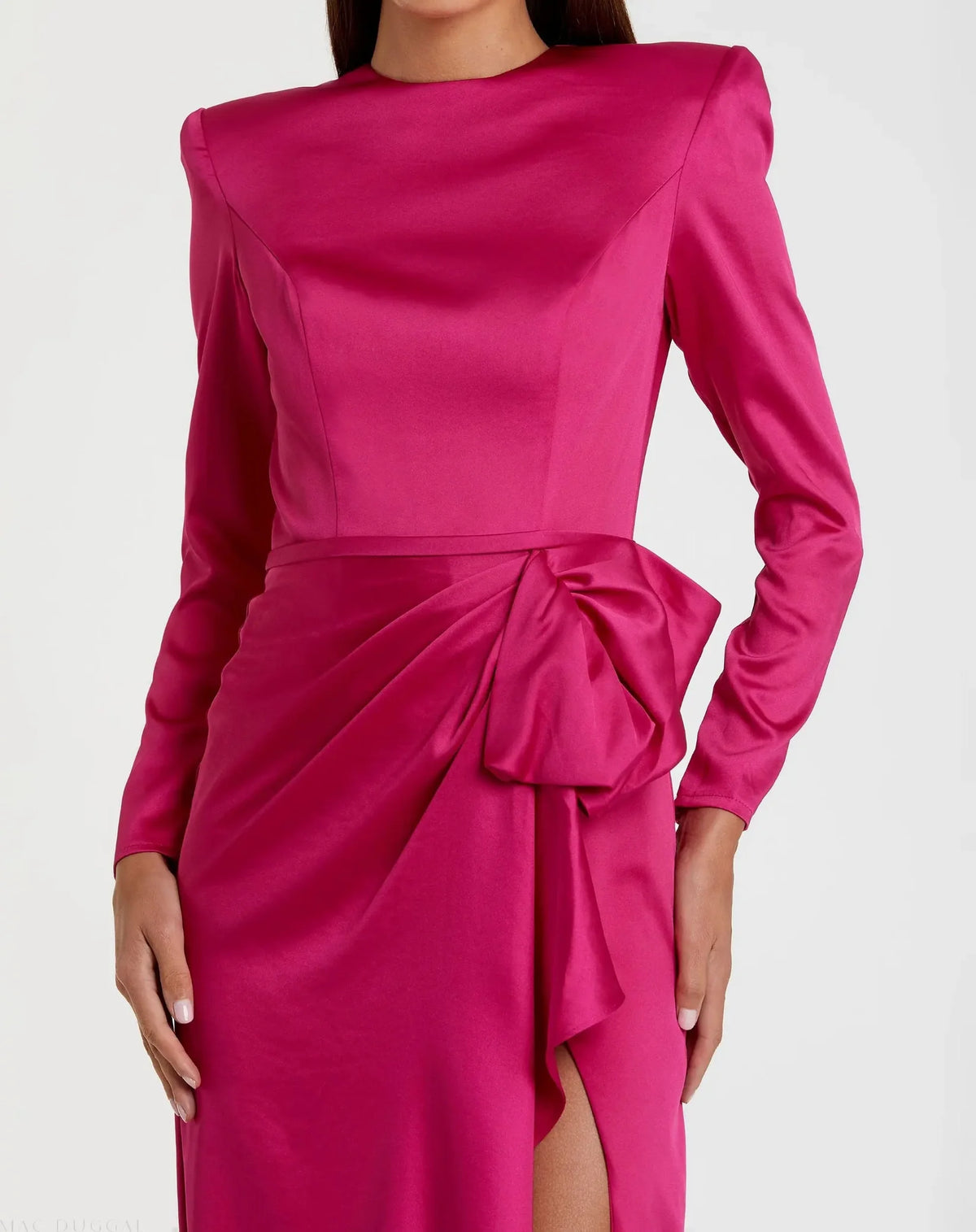 Long Sleeve Satin Structured Bow Draped Column Gown - Magenta