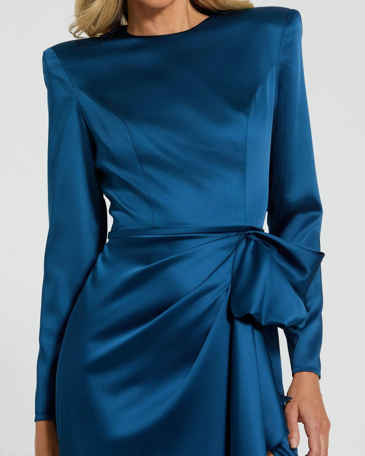 Long Sleeve Satin Structured Bow Draped Column Gown - Blue