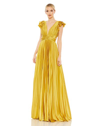 Pleated Ruffled Cut Out Gown - Chartreuse