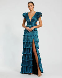 Mac Duggal, Ruffle tiered criss cross lace up gown, Blue #26740