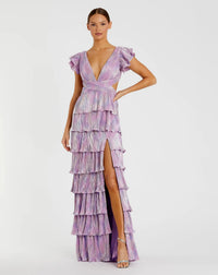 Mac Duggal, Ruffle tiered criss cross lace up gown, Purple #26740
