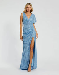 MAc Duggal Blue Sequined Asymmetrical Draped Trumpet Gown #26988