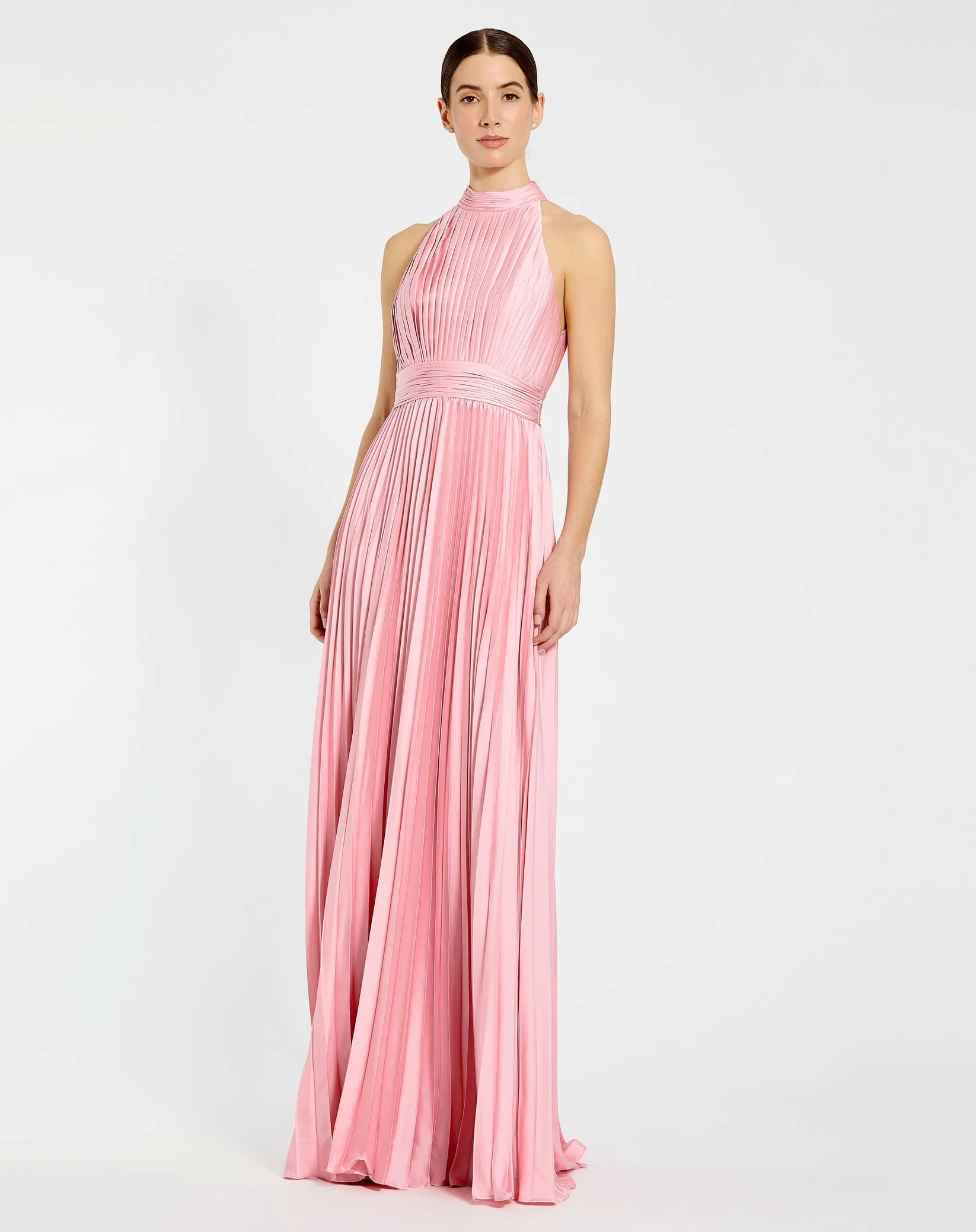 Mac Duggal Pleated High Neck Satin Sleeveless Halter Gown #26992 Blush