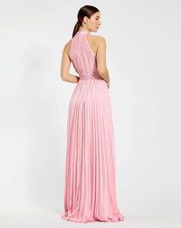 Pleated High Neck Satin Halter Gown - Sunet