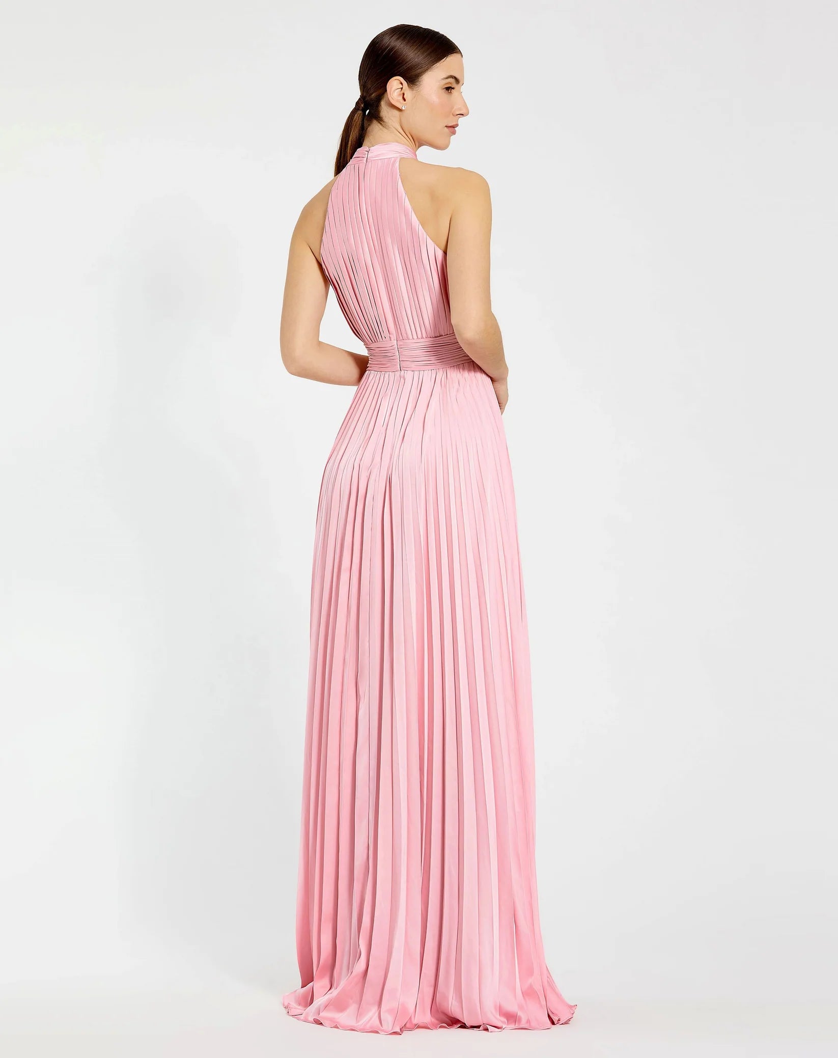 Pleated High Neck Satin Halter Gown - Sunet