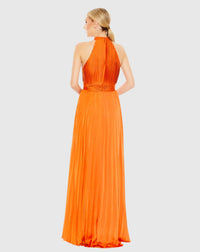 Pleated High Neck Satin Halter Gown - Sunet