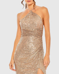 One shoulder ruched side front slit sequin gown - Copper