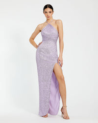 Mac Duggal, One shoulder ruched side front slit sequin gown, Lilac #27128