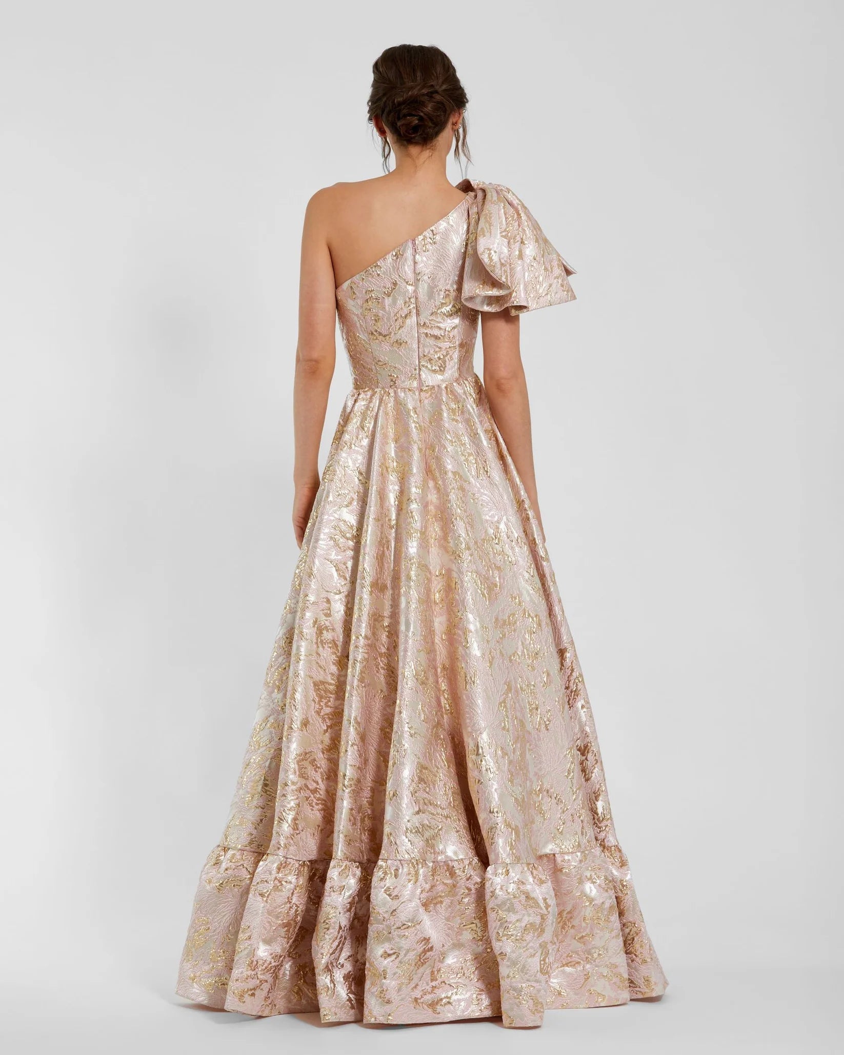 Brocade One Shoulder Floral Gown - Pink