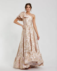 Mac Duggal Pink Brocade One Shoulder Floral Gown With Bow #27546 Pink Multi