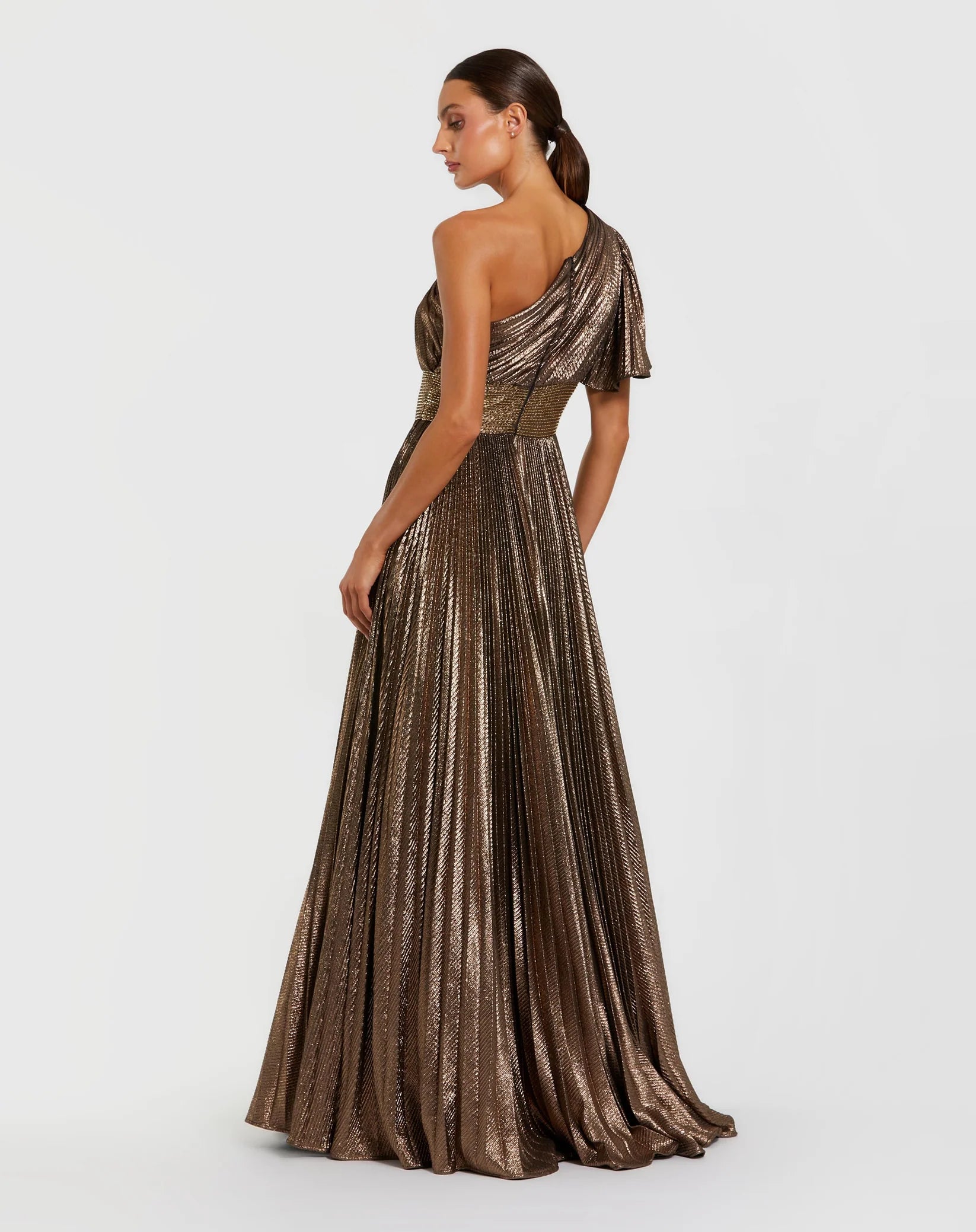 One Shoulder Pleated Metallic Ball Gown - Bronze