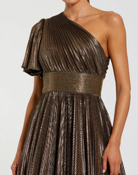 One Shoulder Pleated Metallic Ball Gown - Bronze