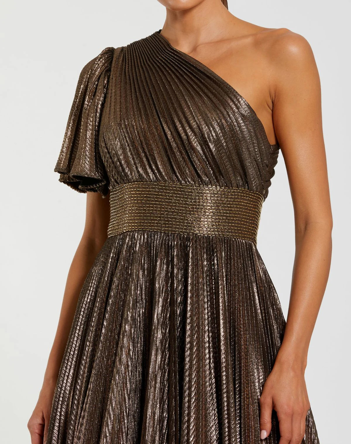 One Shoulder Pleated Metallic Ball Gown - Bronze