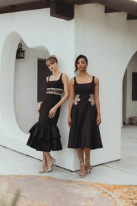 Crepe Ruffle Hem Midi Dress With Jewel Detail - Black