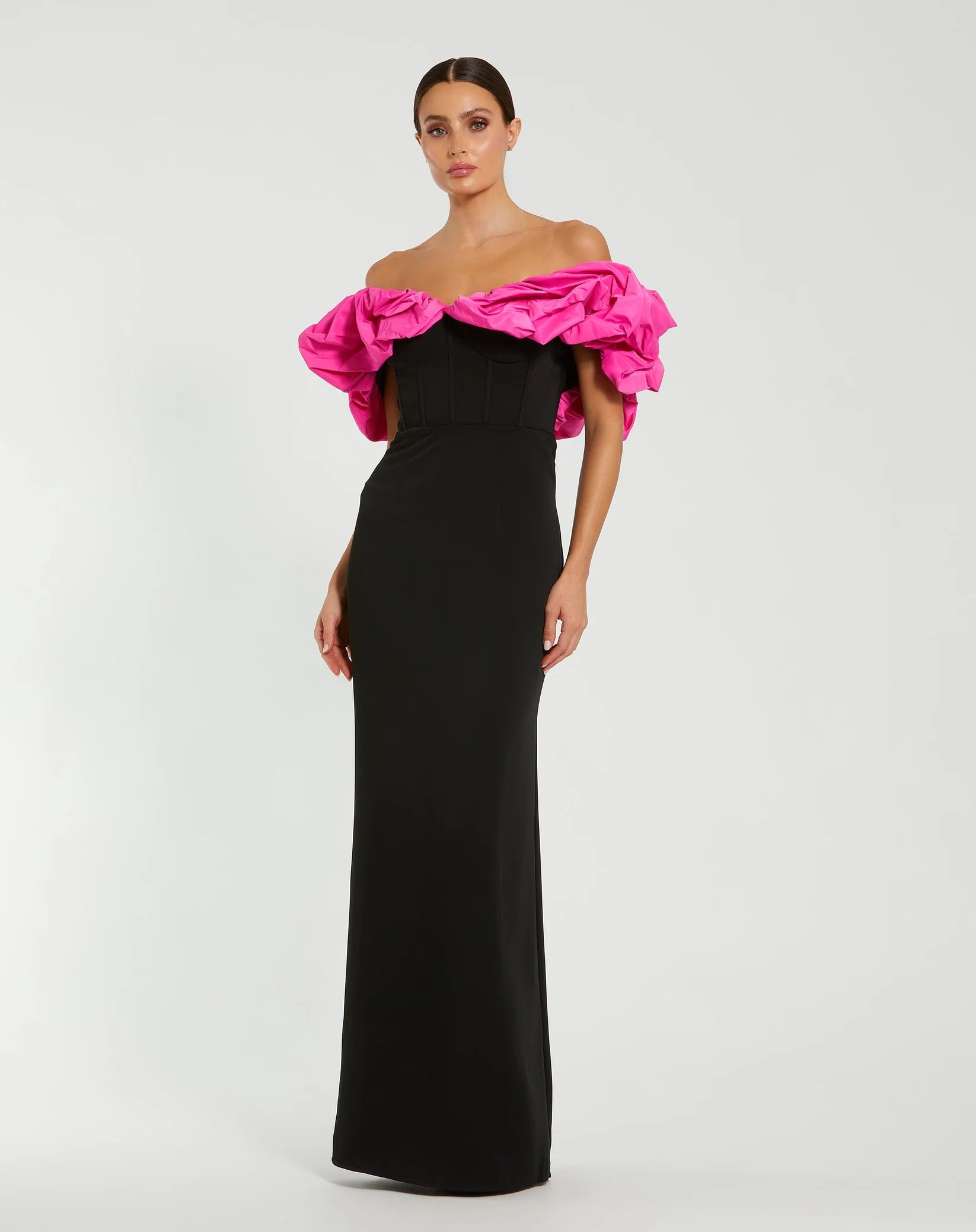 Mac Duggal Black Crepe & Faille Off The Shoulder Gown #27669 Black Hot Pink