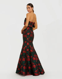 Strapless Floral Brocade Mermaid Gown - Black