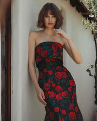 Strapless Floral Brocade Mermaid Gown - Black