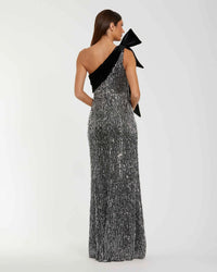 One Shoulder Embellished Gown With Velvet Bow - Black